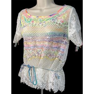 Crop Top 90s Baby Doll Tee Rainbow Tunic Lace Crochet Top Festival